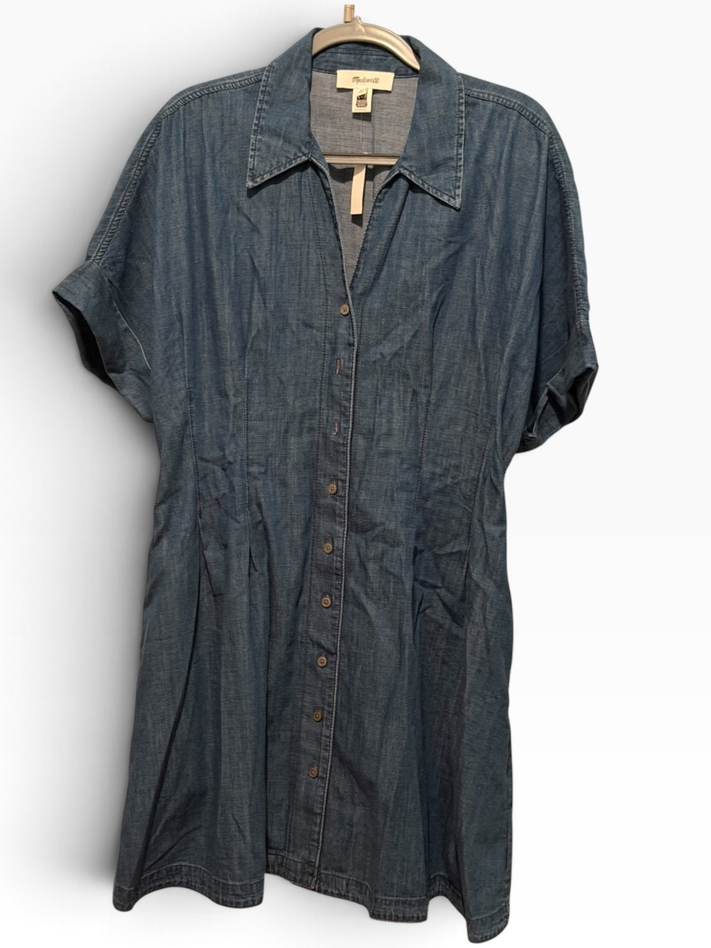 Madewell Pleated Denim Shirtdress Cinched Pintuck Waist Blue Short Sleeve XL